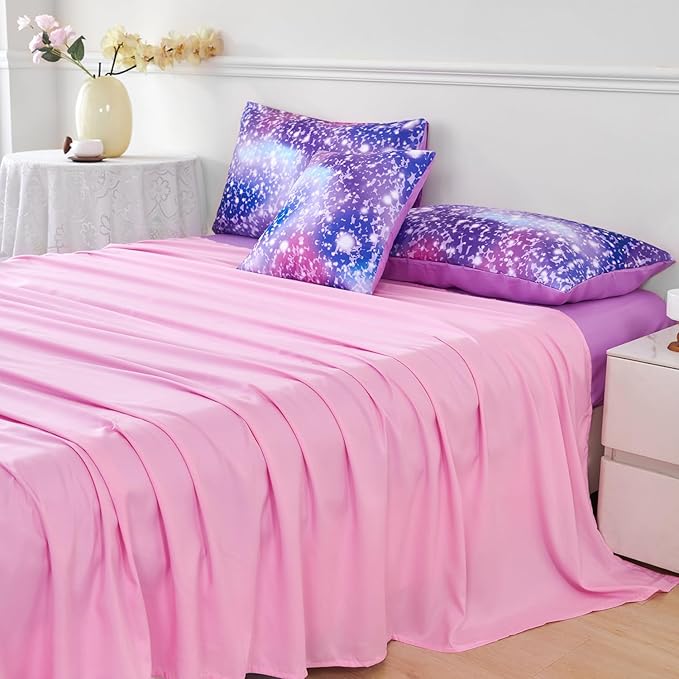 PERFEMET Full Size Bedding Sets for Girls, 6-Piece Colorful Rainbow Comforter Set with Sheets, Tie Dye Fluffy Kids Bed-in-a-Bag, Glitter Ombre Teen Girl Bed Sets (Purple Pink, Full)