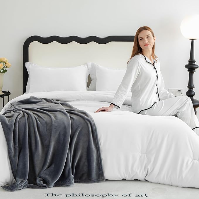 CozyLux California King Comforter Set White, 3 Pieces Cal King Solid Breathable Quilted Bedding Sets, Luxury Soft Bed Sets with Down Alternative Comforter All Season (1 Comforter & 2 Pillowcases)