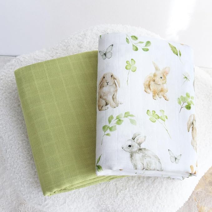 LifeTree Baby Swaddle Blankets, Boys Girls Muslin Swaddling Wrap Receiving Blanket for Newborn, 70% Viscose from Bamboo and 30% Cotton, Large 47" x 47", Rabbit and Grass Green Pattern