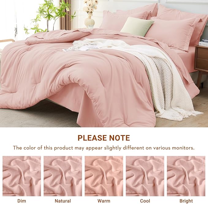 MUXHOMO 7 Pieces King Comforter Set, Soft Bed in a Bag King Size, All Season Bedding Set with Comforter, Flat Sheet, Fitted Sheet, Pillowcases & Shams, Pink