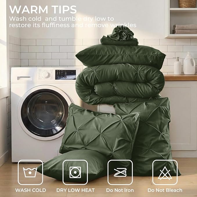 Sasttie Full Size Comforter Set, 7-Piece Bed in a Bag Double, Pintuck Bedding Set for All Season, Includes Comforter, Flat Sheet, Fitted Sheet, Pillowcases and Pillowshams, Dark Green