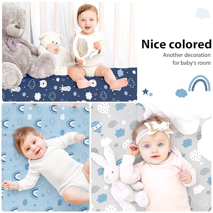 Baby Mini Crib Sheets Boy, Portable 38”x26” Pack and Play Sheets Fitted for Playard and Pack N Play Mattress, 3-Pack Soft Microfiber Blue Cloud Animals