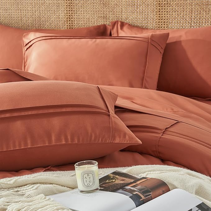 Yogeneg King Size Comforter Set 7 Piece Bed in a Bag,Grid Pinch Pleat Terracotta Bedding Set,Striped Textured Soft Microfiber Comforter with Sheet Set,All Season Complete Bed Set(Terracotta,King)