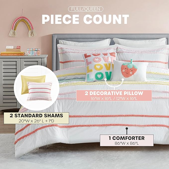Intelligent Design Kids Full Cotton Comforter Set, Casual Fun Colors Chenille Stripes, All Seasons Fluffy Comforter Bed Set, Shams, Decor Pillows, Haisley, Full/Queen, Pink Multi 5 Piece