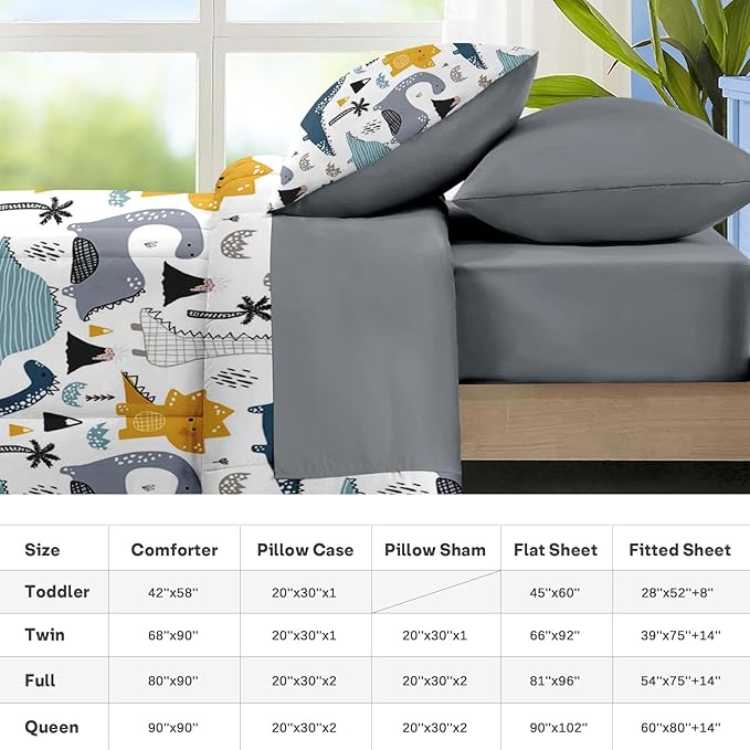 Nesker 5 Pcs Comforter Set Twin Size, Cute Dinosaur Bedding for Kids Teen, Blue Yellow Gray Dino Bedding Set with Pillowcase & Sham for Bedroom Bed Decor