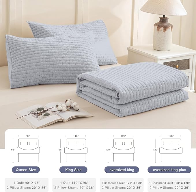 CozyTide Oversized King Quilt 120x120,Stone-Washed Cotton Light Blue Lightweight Oversized King Bedspread,3 Piece Modern Boho Extra Large California King Coverlet Set Ultra Soft