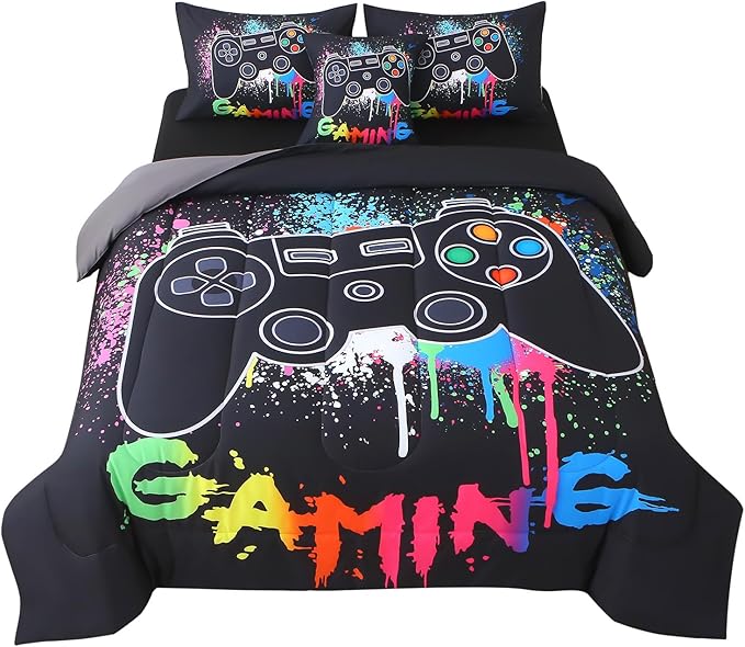 JQinHome Queen Gamer Comforter Sets for Boys,6 Piece Bed in A Bag 3D Video Gamer Bedding -All Season Microfiber Gaming Bedding Set for Kids, with Sheet Sets (Black Gaming)