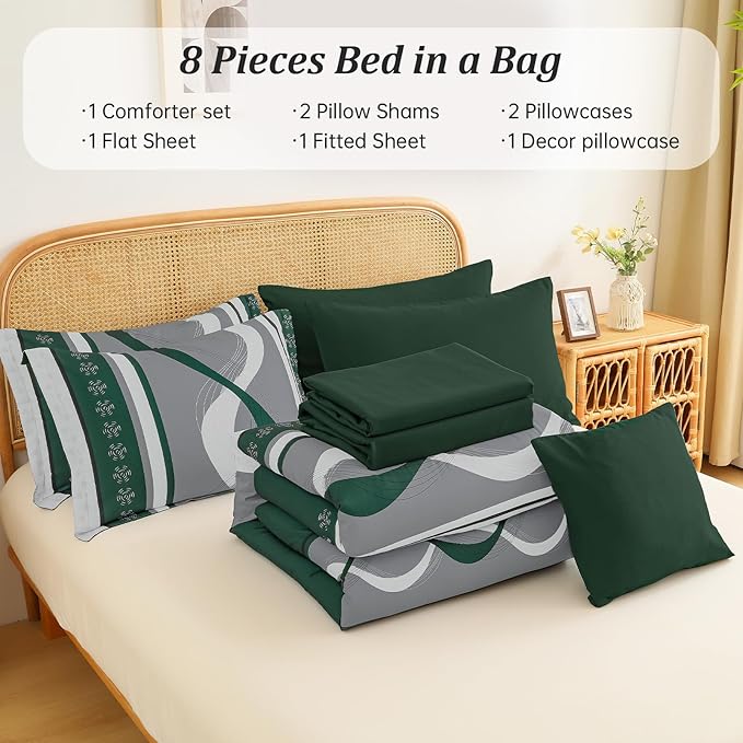 Anibedding Dark Green Comforter Set King Size,8 Pieces Bed in a Bag Patchwork Striped Bedding Sets,Boho Soft Microfiber Bedding Set for All Season(104"×90")