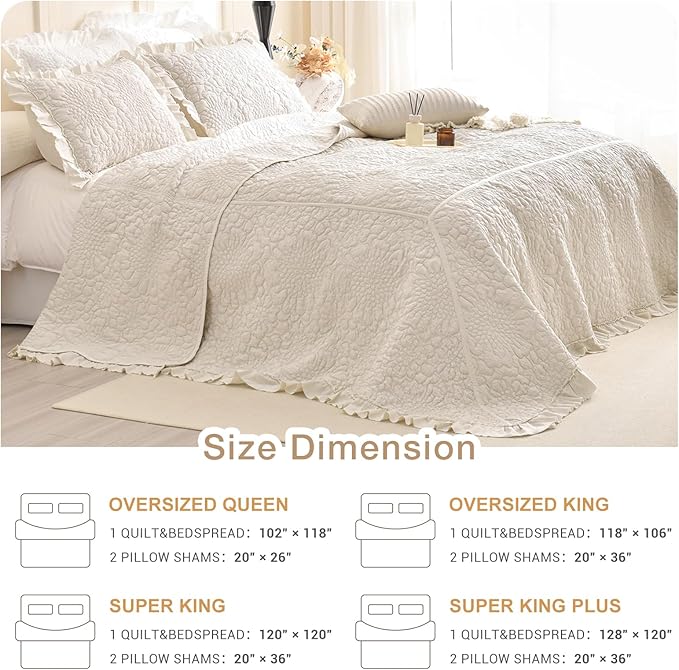 Masaca Oversized King Bedspread 120x120,Wheat Ruffled Crinkled Oversized California King Quilt Farmhouse Shabby Boho Chic Rustic Stone-Washed Microfiber Extra Large Bedding Set Soft and Lightweight