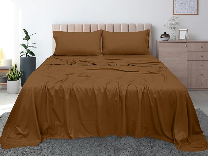 Royale Linens 300 Thread Count 100% Long Staple Combed Cotton Flat Sheet - Super Soft - Top Sheets - Queen Flat Sheet Sold Separately - Breathable, Cool & Crisp Percale Sheets Only (Queen, Chocolate)