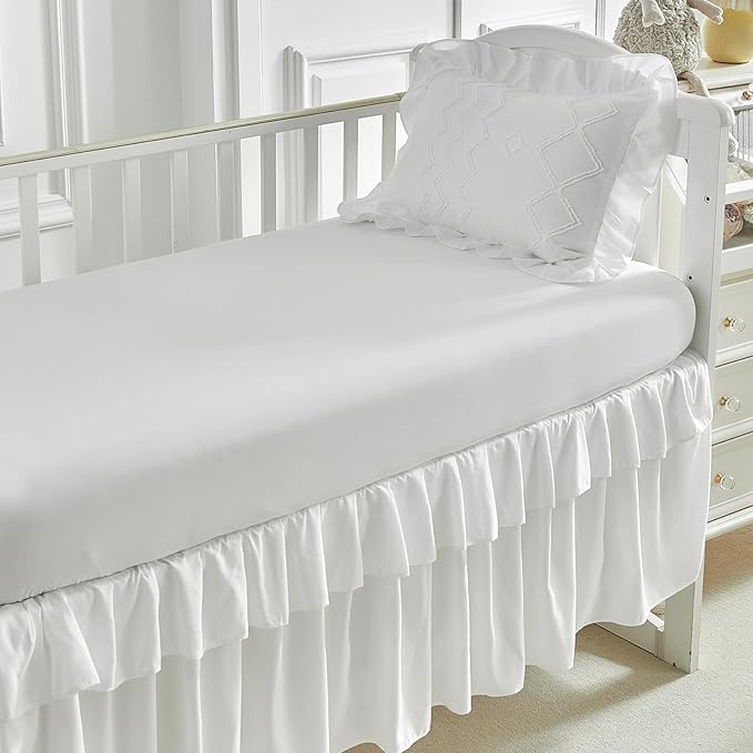 AIKASY The Ruffled Shabby Crib Bedding Set for Girls, Baby Quilted Comforter with Fitted Sheet, Bed Skirt, and Pillowcase(White)