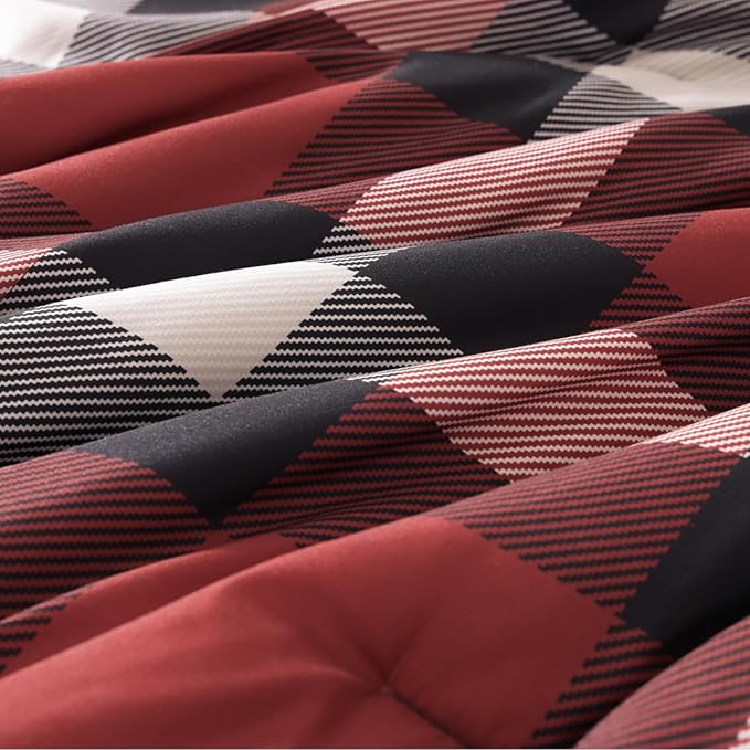 Full Size Comforter Set, Red Plaid Bedding Set 7 Pieces for Boys Girls, Classic Checkered All Season Bed in a Bag for Dorm with Sheets, Pillowcases & Shams
