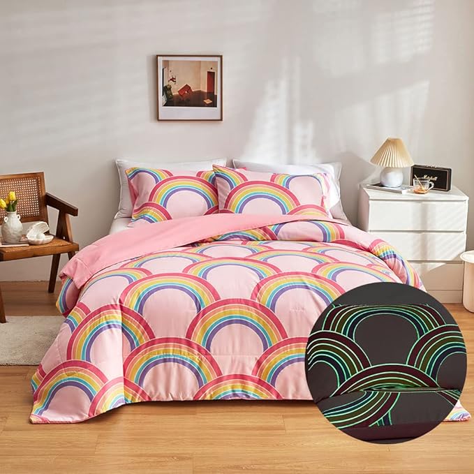 Feelyou Rainbow Glow in The Dark Comforter Set for Girls Kids Twin Pink Rainbow Bedding Set Super Soft Colorful Stripe Mermaid Scales Comforter Baby Girl Bedroom Pink Decor Bedding Quilted Duvet