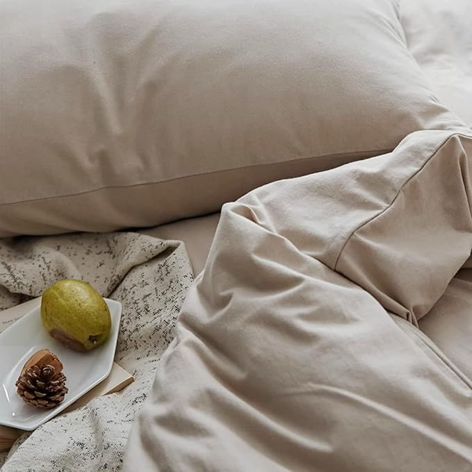 Boho Beige Duvet Cover Jersey Knit Cotton Bedding Duvet Cover Set Twin XL Solid Color 3 Pieces Bedding Set Apricot Khaki Comforter Cover Breathable Soft Farmhouse Bedding Set with Zipper Closure