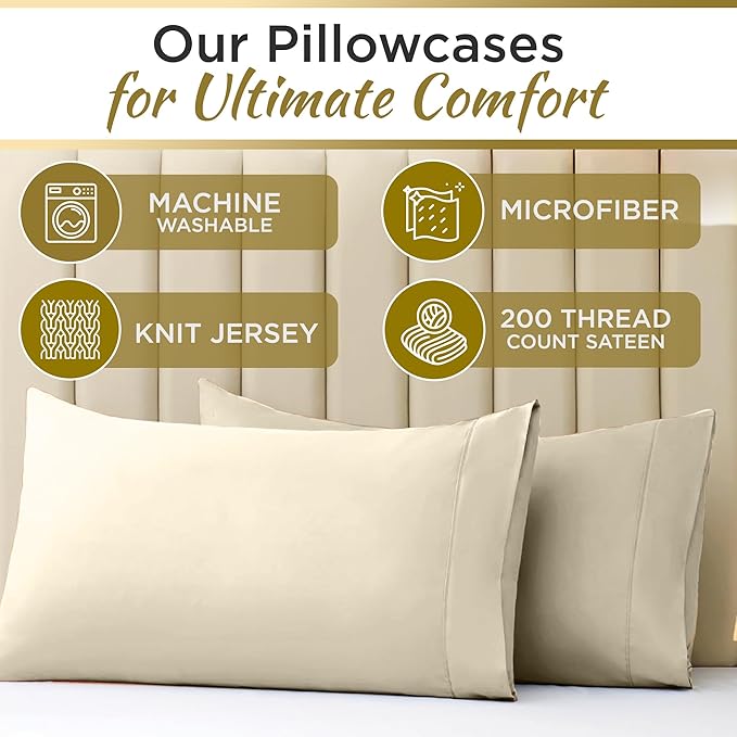 Full XL 100% Microfiber Double Brushed Sheet Set - Extra-Soft, Breathable & Wrinkle-Free - 15" Deep Pockets, 54" x 80" - Ideal for Extra Long Full Beds - 4PC Set (Full XL, Beige)