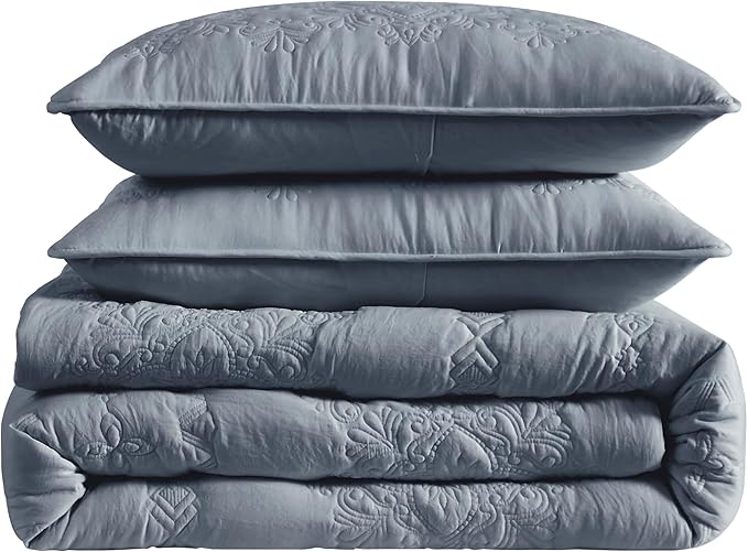 B2EVER Boho Blue Quilt King Size Bedding Sets with Pillow Sham, Bohemian Lightweight Soft Bedspread Coverlet, Farmhouse Floral Vintage Thin Comforter Bed Cover All Season, 3 Pieces, 104x90 inches