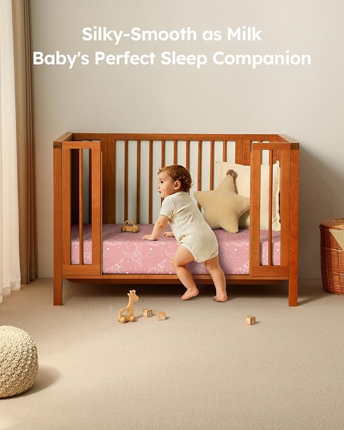 Baby Crib Sheets for Boys Girls, 28x52x8in Fitted Crib Sheet Neutral 3 Pack for Standard Crib and Toddler Mattress, Breathable Soft Microfiber Baby Sheet Pink White Moon