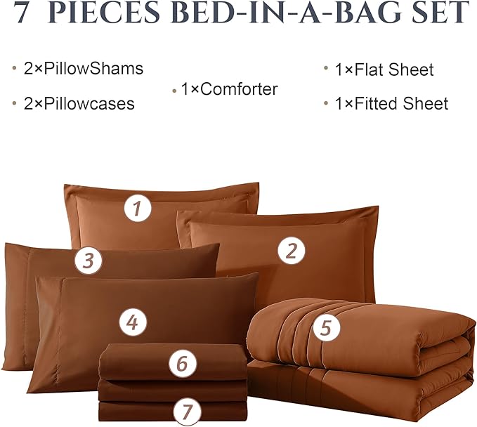 Monbix Oversized King Size Comforter Set - 7 Pieces Burnt Orange Bed in a Bag Oversized King Bedding Sets with Comforters, All Seasons Comforter Bed Set with Sheets, Pillowcases & Shams