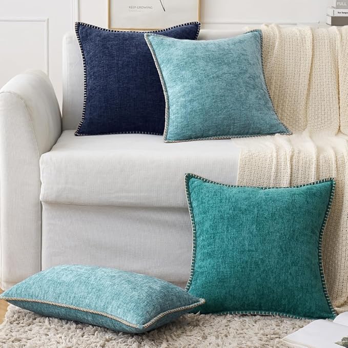 MIULEE Pack of 2 Couch Throw Pillow Covers 24x24 Inch Navy Blue Farmhouse Decorative Pillow Covers with Stitched Edge Soft Chenille Solid Dyed Spring Pillow Covers for Sofa Bed Living Room