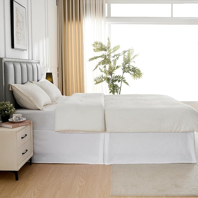 MIYE Premium Cotton Waffle Weave Bed Skirt, 14 Inch Drop Tailored Dust Ruffle with Split Corners, Easy Fit,Machine Washable (White, Full - 14" Drop)