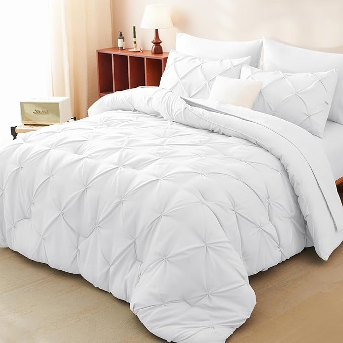 California King Comforter Set White, 7 Pieces Pintuck Bed in A Bag Cal King Size Bedding, Soft Bed Set All Season Pinch Pleat Comforter Set with Sheets, Pillowcases & Shams