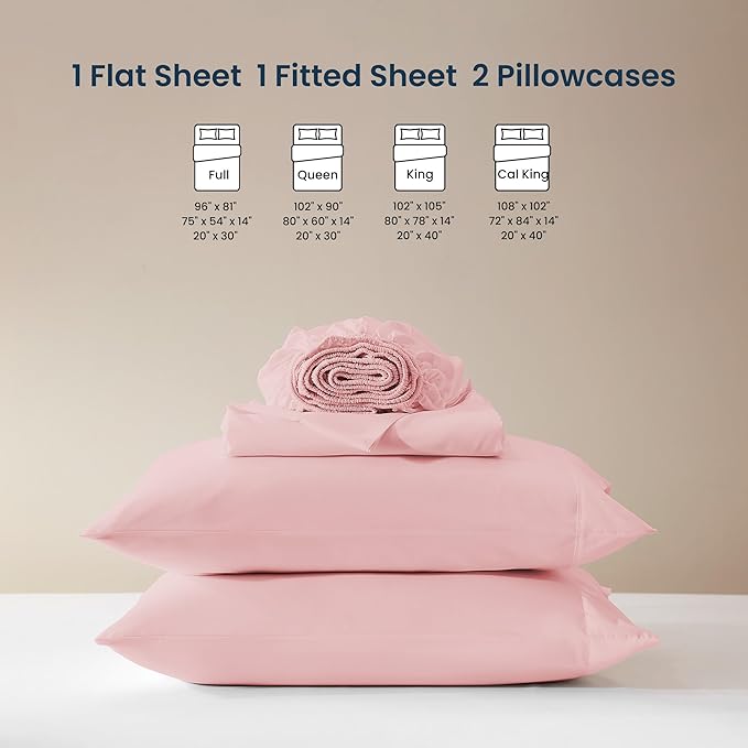 SLEEP ZONE Nanotex Super Soft Cooling Queen Bed Sheets Set 4 Piece - Easy Care Fitted Flat Sheet & Pillowcase Sets - Wrinkle Free, Fade Resistant, Deep Pocket 16" (Ballet Pink, Queen)