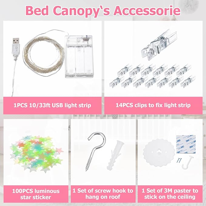 Bed Canopy with Lights, Bed Canopy for Girls Princess with Luminous Stars, Canopy Bed Curtains for Twin to King Size Bed, Baby Kids Adult Indoor Decor Bedroom Reading Nook Outdoor Camping, Pink