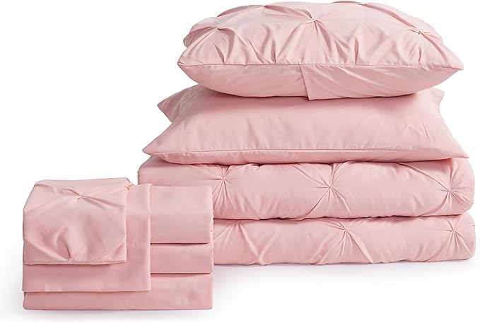 Bedsure Twin Comforter Set Pink for Women - Bed in a Bag Twin Size Bedding 5 Pieces, GentleSoft™ Pintuck Bed Set Gift for Family, Pinch Pleat Pink Comforter with Sheets, Pillowcase & Sham