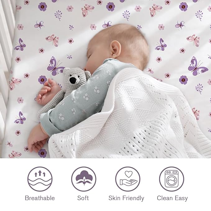 Little Grape Land Pack and Play Sheets Mini Crib Sheets Soft Breathable Pack N Play Sheets, Playard Fitted Sheet 2 Pack Stretchy Fits 38"x26" Playard Mattress, Purple Butterfly