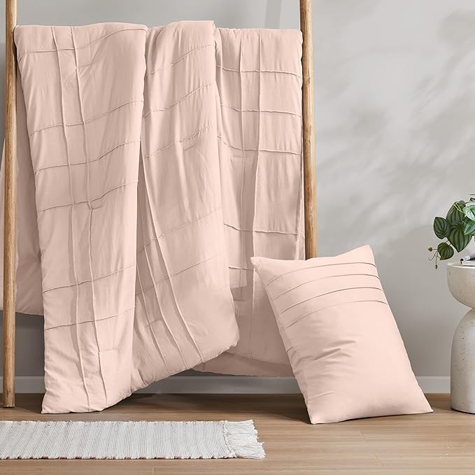 Comfort Spaces Blush Twin Size Duvet Cover Set - 2 Pieces Pintuck Pleated Duvet Cover All Season Lightweight, Extra Softness Pre-Washed Microfiber Twin Bedding Cover Shams, Twin/Twin XL