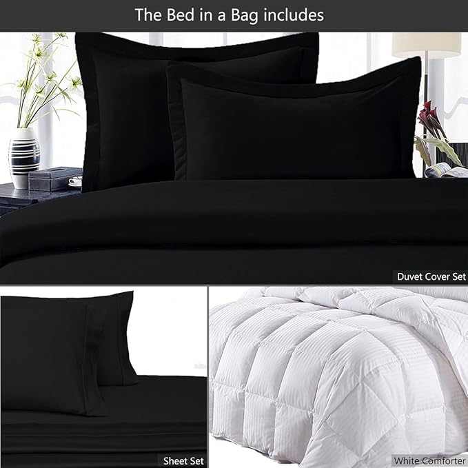 8 Pieces 100% Cotton Solid Black Queen Goose Down Bed in a Bag Set Including 600TC Sheet Set + 600TC Duvet Cover Set+ All Season Striped Goose Down Comforter 600 Fill Power