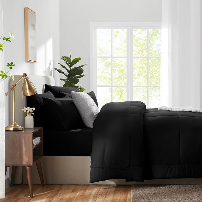 CozyLux Twin Comforter Set with Sheets Black, 5 Pieces Bed in a Bag, Black Comforter Twin Size, All Season Bedding Set with Stitch Quilted Comforter, Flat Sheet, Fitted Sheet, Pillowcases