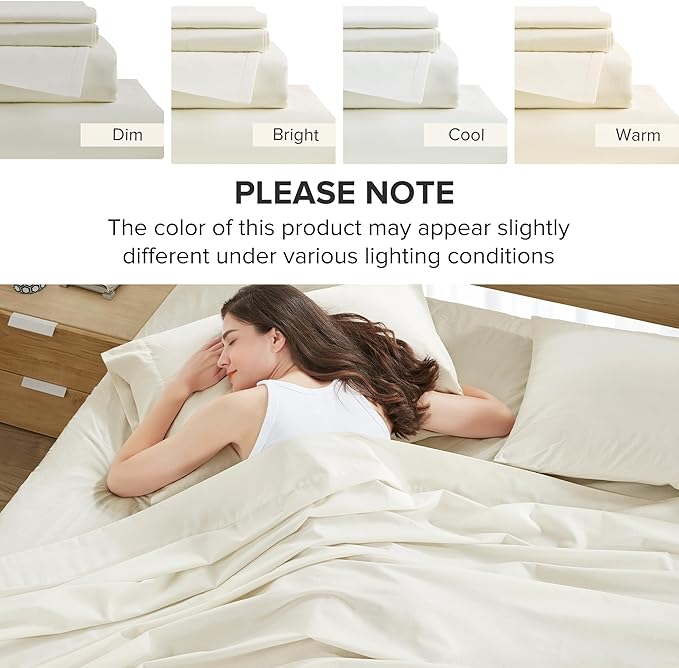 Comfort Spaces 100% Cotton Sheets Twin XL, Breathable, Soft Cotton Sheets, Naturally Cool Cotton Bed Sheets with 12" Elastic Pocket Fits up to 14" Mattress, All Season Sheet Set, Twin XL Ivory 3 Piece
