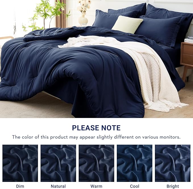 MUXHOMO 5 Pieces Twin XL Comforter Set, Soft Bed in a Bag Twin XL Size, All Season Bedding Set with Comforter, Flat Sheet, Fitted Sheet, Pillowcases & Shams, Navy Blue