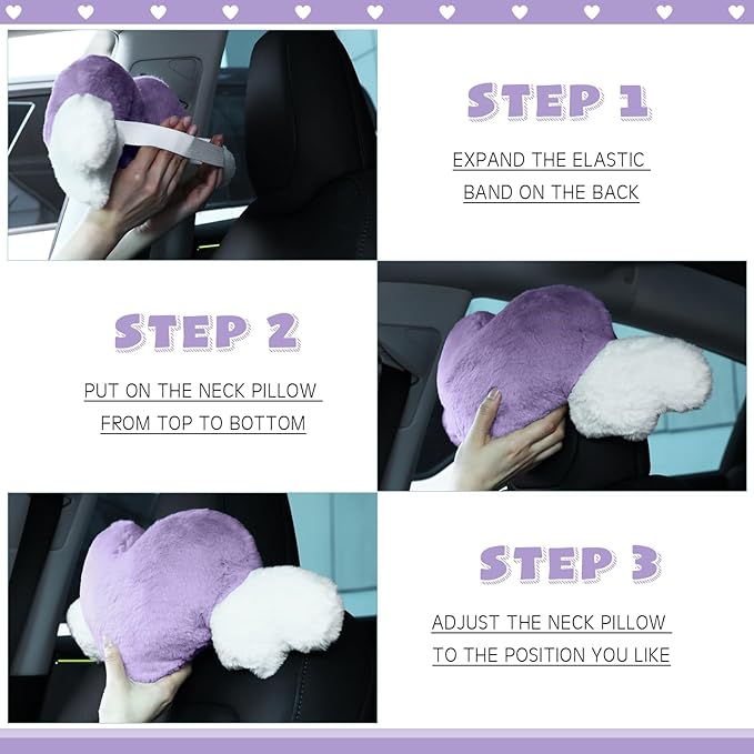Macarrie 2 Pcs Plush Heart Shaped Pillow with Angel Wings Car Headrest Soft Comfortable Car Seat Pillow for Driving Travelling Room Office Car Decor, 19.7 x 8.3 Inch (Purple)
