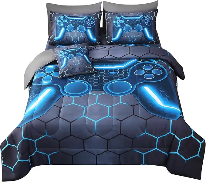 JQinHome Queen Gamer Comforter Set 8 Piece Bed in A Bag for Boys,3D Video Game Bedding -All Season Soft Microfiber Down Alternative Comforter Gamer Bedding Sets for Kids (Blue)