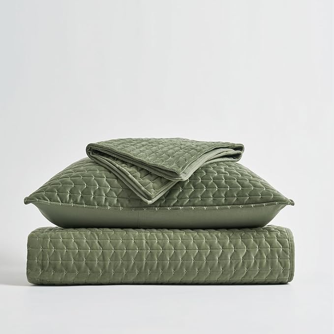 EVERGRACE Luxury Velvet Quilt Set Queen Size 3 Piece, Soft Cross-Stitch Velvet Comforter Set with Pillow Shams, Lightweight Coverlet Bedspread Bedding Set for All Seasons, Loden Green