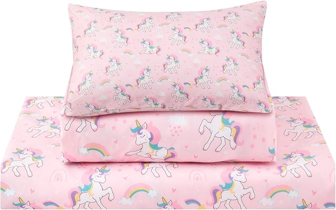 Kids Sheet Set Twin Size 3 Pcs, Girls Sheet Set with Pink Unicorn Pattern,Kids Girls Twin Fitted Sheet,Breathable & Silky Soft Microfiber Fitted Sheet