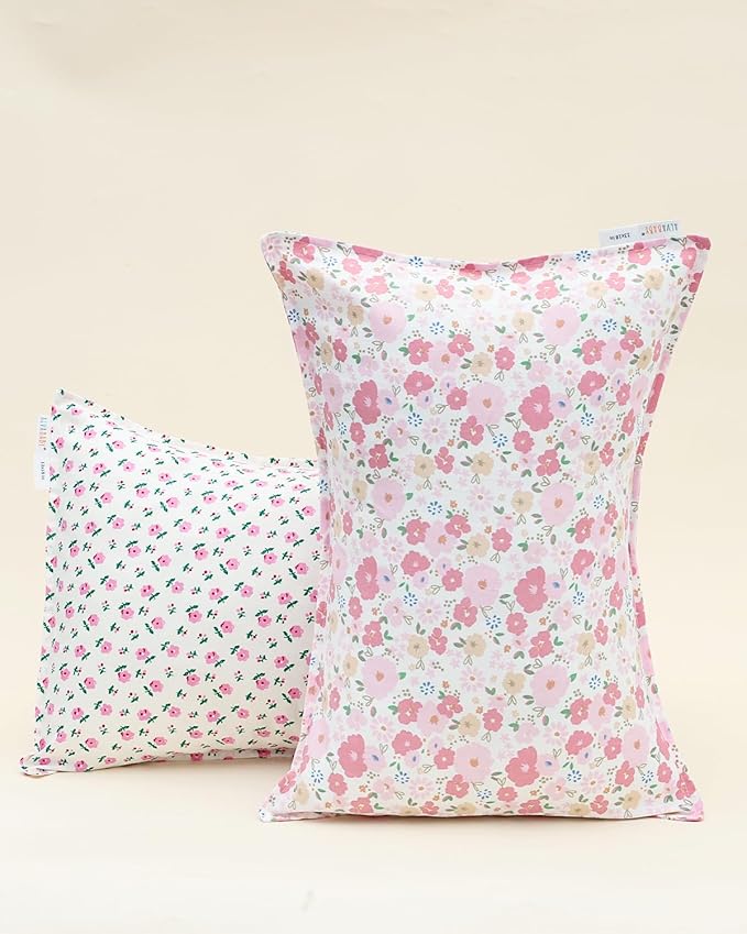 ALVABABY Toddler Pillowcases 2 Pack Organic Cotton Kids Pillow Cover Fit 13"x 18" or 14"x19" Envelope for Girl Sleepy Travel Pink Flower 2TPW38A