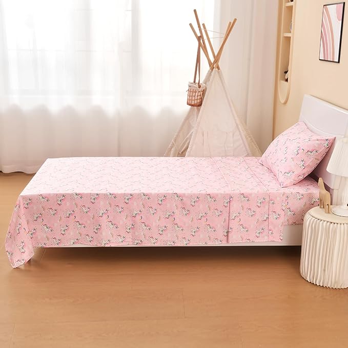 Kids Sheet Set Full Size, Full Sheet Set with Pink Unicorn Pattern,Breathable Silky Soft Microfiber Kids Fitted Sheet