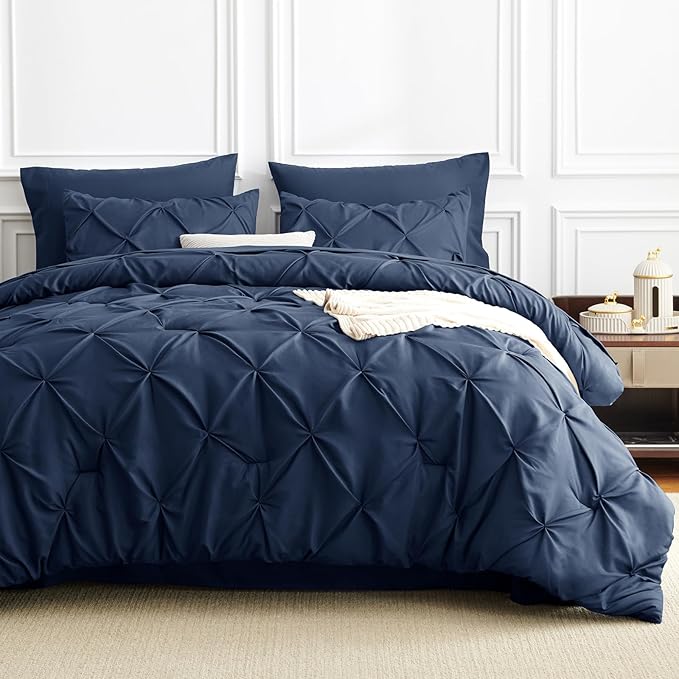 King Comforter Set Navy Blue, 7 Pieces Pintuck Bed in A Bag King Size Bedding, Soft Bed Set All Season Pinch Pleat Comforter Set with Sheets, Pillowcases & Shams