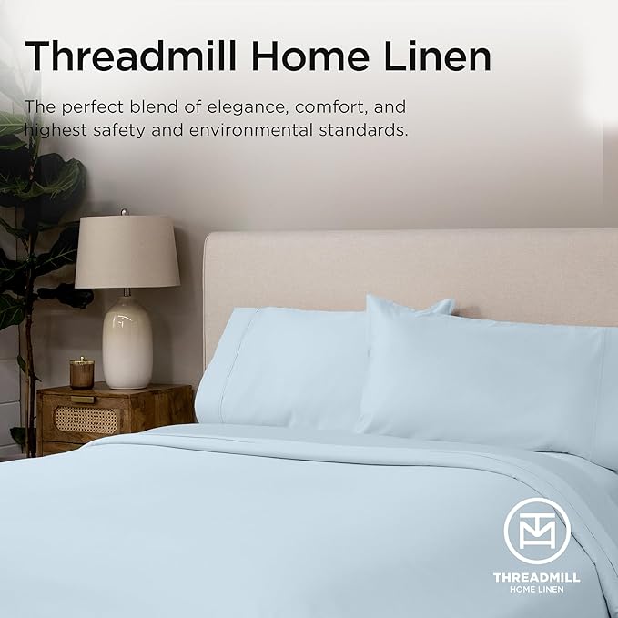 Threadmill Supima Cotton Queen Sheet Set, 1000 Thread Count Queen Sheets for Queen Mattresses, 4 Piece American Luxury Bed Sheets, Sateen Hotel Quality Sheets with Elasticized Deep Pocket, Light Blue