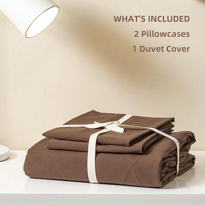 JIYUAN 100% Washed Cotton Duvet Cover Set King Size 3 Pieces, Linen Feel Soft Breathable Bedding Set with Zipper Closure, 104x90 Duvet Cover (Comforter Not Included) & 2 Pillowcases, Chocolate Brown