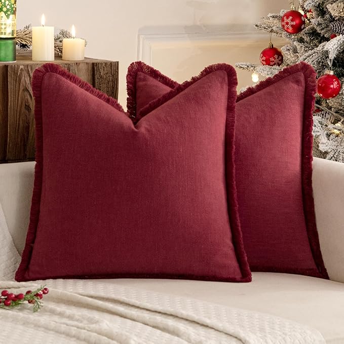 MIULEE Decorative Throw Pillow Covers Neutral Linen Fringe Throw Pillows Euro Shams Set of 2 Burgundy Boho Farmhouse Cushion Covers for Couch Sofa Bed Living Room Home Decor 24x24 Inch