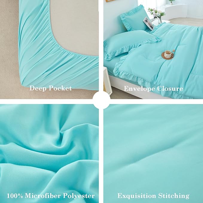 ANGIYUIN Aqua Blue Twin Size Comforter Sets for Teens Girls 5 Pieces Ruffle Bed in A Bag with Sheets Solid Elegance Bedding Comforter Sets for All Season(Aqua Blue Twin)