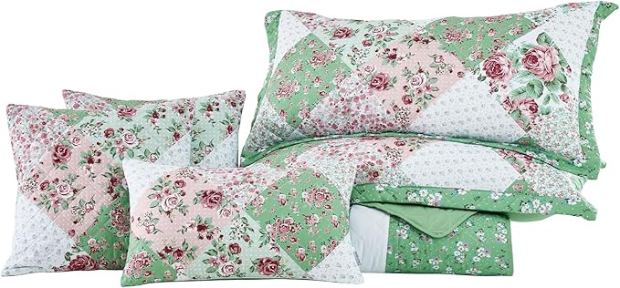 Oversized King Bedspread 138x120 Extra Wide, Farmhouse Patchwork Floral Quilt Bedding Cover, Reversible, 6 Piece, 100% Microfiber, California/Alaskan King, Rose
