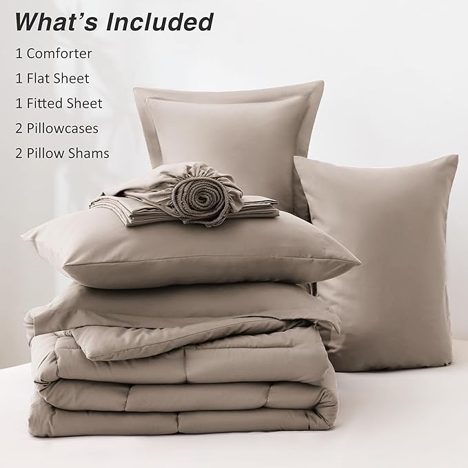 Love's cabin Full Comforter Set Light Brown, 7 Pieces Full Bed in a Bag, All Season Bedding Sets with 1 Comforter, 1 Flat Sheet, 1 Fitted Sheet, 2 Pillowcase and 2 Pillow Sham