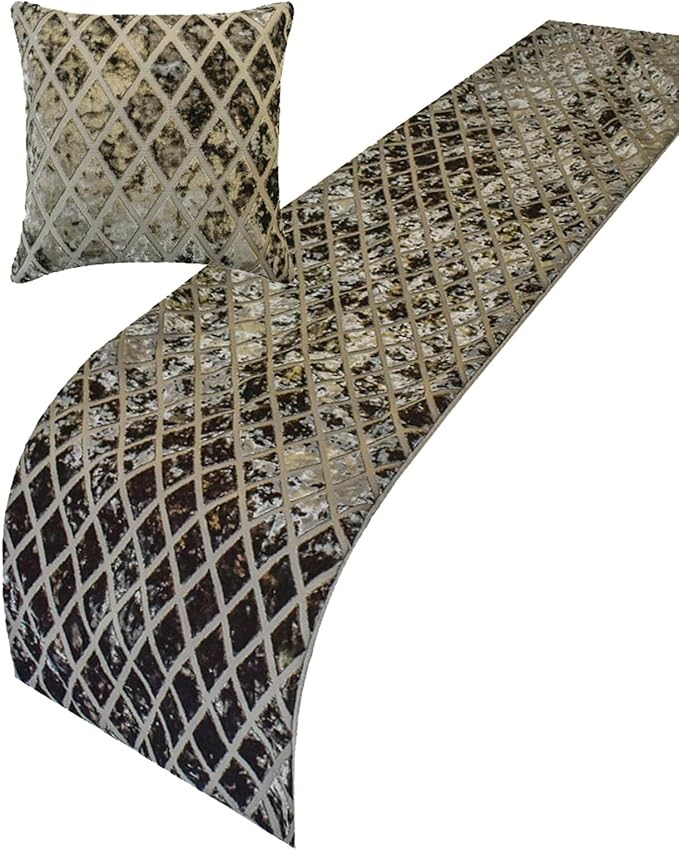 The HomeCentric King/Queen/Twin Grey Decorative Bed Runner CA King 86"x18" With One Pillow Cover, Diamond Pattern, Velvet Cut Scarf on Fabric - Grey Verve