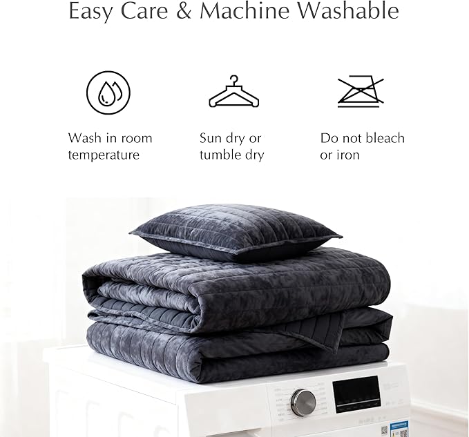 WRENSONGE Velvet Queen Quilt Set-3 Pieces Blue Grey Luxurious Velvet Striped Channel Comforter with 2 Shams, Soft Bedspread Coverlet Quilted Bedding Set for All Season
