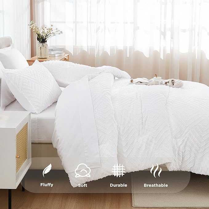 Andency White Super King Plus Size Comforter Set with Sheets - 7 Pieces Bed in a Bag Boho Tufted Bedding Sets Fluffy Lightweight Oversized King Bed Set with Comforter, Sheets, Pillowcases & Shams